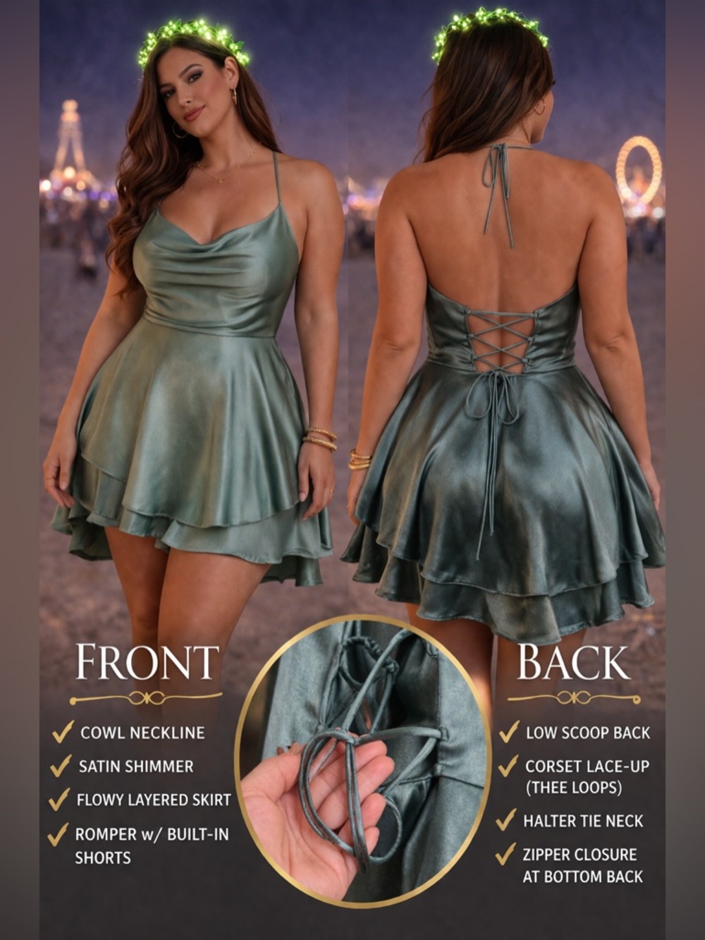 🔥5/$35🔥 Emerald Green Satin Lace Up Mini Dress Romper | Size M/L - Picture 2 of 13